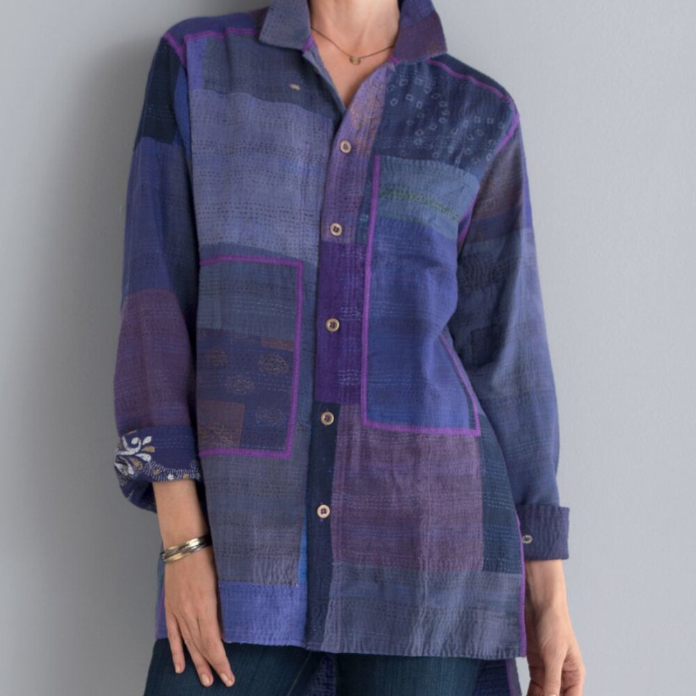 Mieko Mintz Patchwork Boho Cotton Casual Reversible Pieced Shirt Jacket | Large